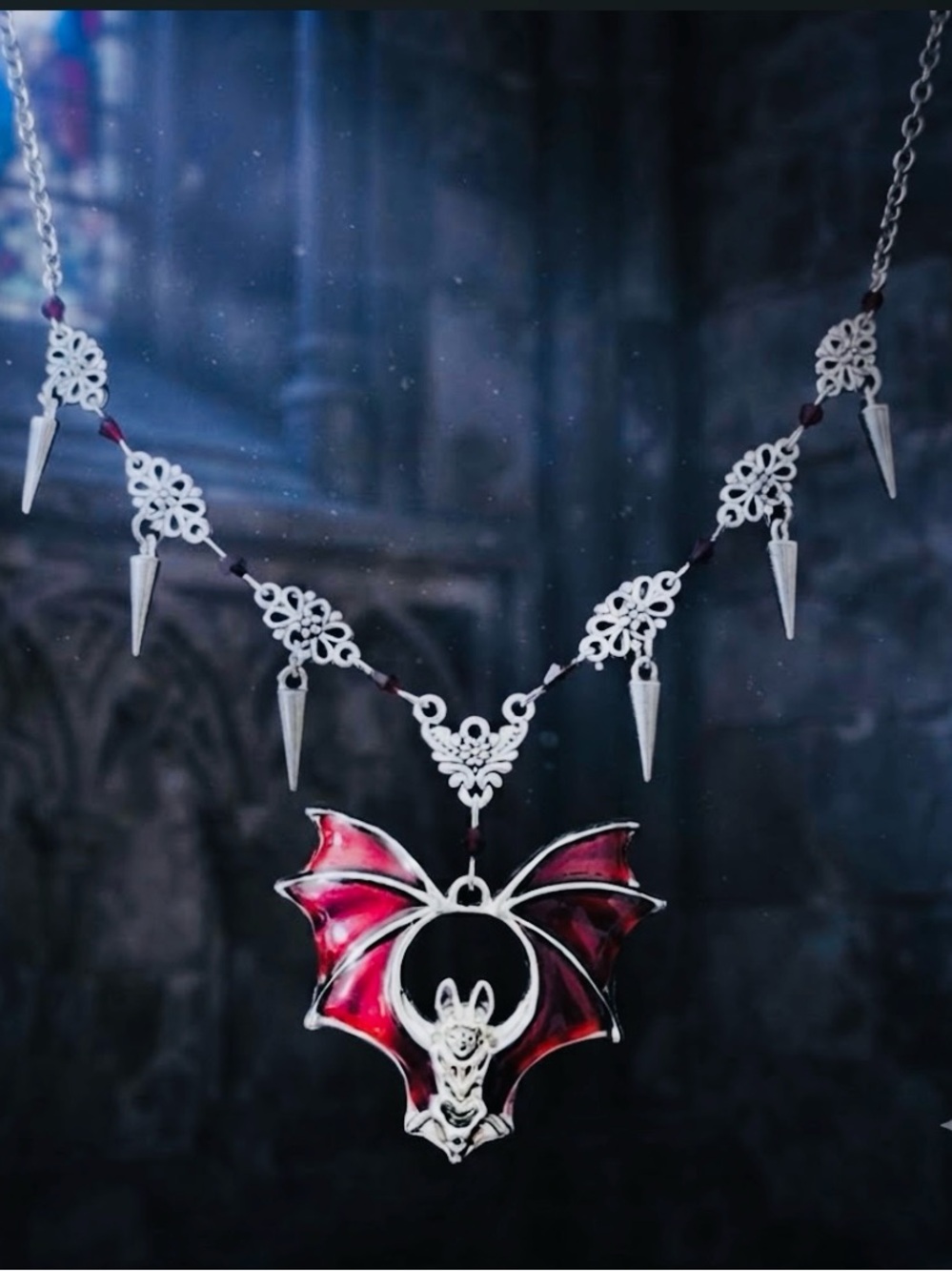 Hand Crafted Silver and Red Bat Pendant Necklace